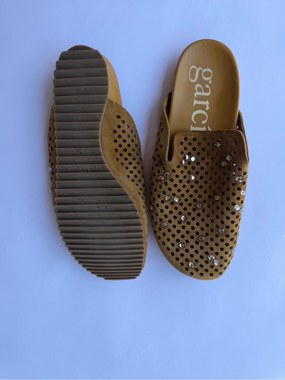 Pedro Garcia Tan Suede Crystal-Studded Slip-On Mules - Picture 4 of 4